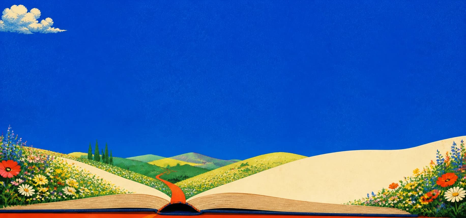 An illustrated open book in a colorful landscape.